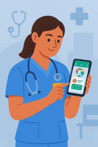 Zorgmedewerker bekijkt via haar telefoon een WhatsApp-bericht van E-lia over patiëntveiligheid.