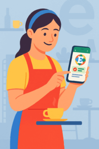 Horecamedewerker bekijkt via haar telefoon een WhatsApp-bericht van E-lia over hygiëne en voedselveiligheid in de horeca.