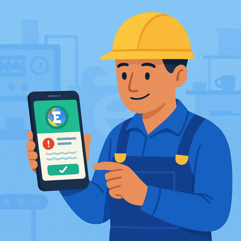 Productiemedewerker met helm bekijkt via zijn telefoon een WhatsApp-bericht van E-lia over een veiligheidsinstructie in de fabriek.