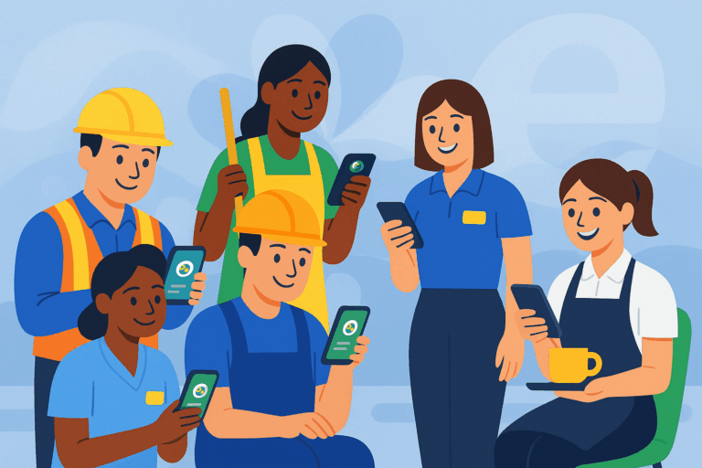 Illustratie van een diverse groep medewerkers uit verschillende sectoren die via hun telefoon leren met E-lia op WhatsApp.