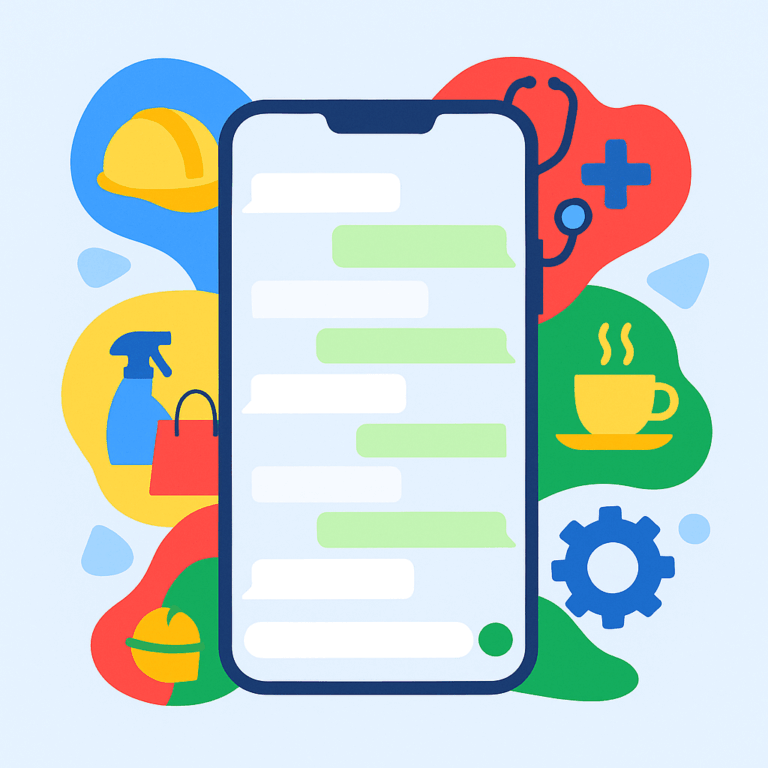 Flat-design illustratie van een smartphone met een WhatsApp-chat in E-lia-stijl, omringd door subtiele iconen die verschillende sectoren vertegenwoordigen zoals bouw, zorg, schoonmaak, retail, horeca en productie.