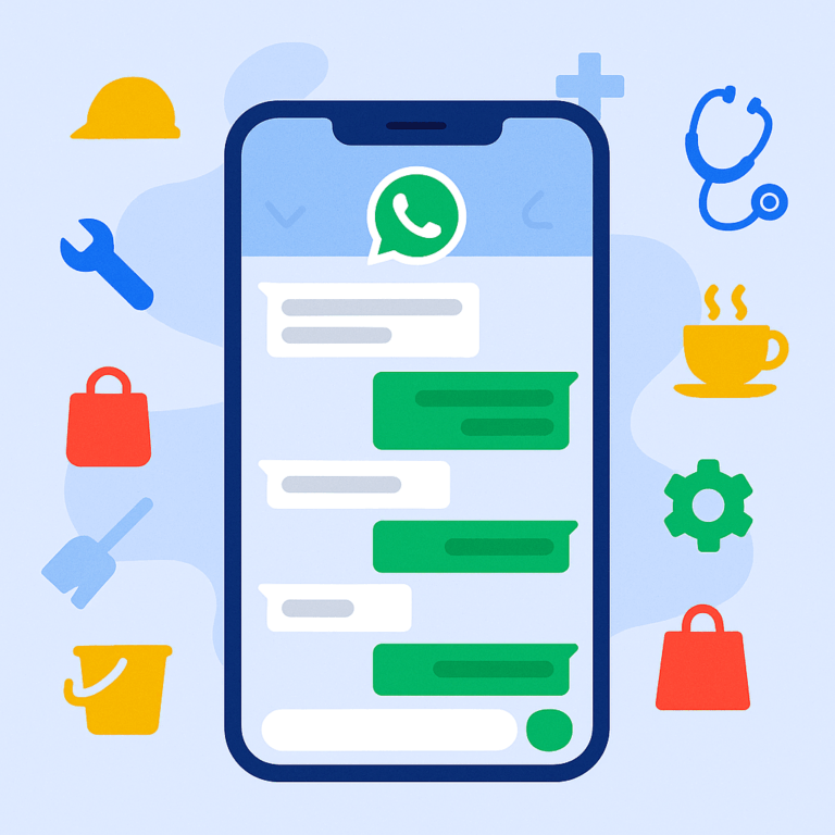 Flat-design illustratie van een smartphone met een WhatsApp-chat in E-lia-stijl, omringd door subtiele iconen die verschillende sectoren vertegenwoordigen zoals bouw, zorg, schoonmaak, retail, horeca en productie.