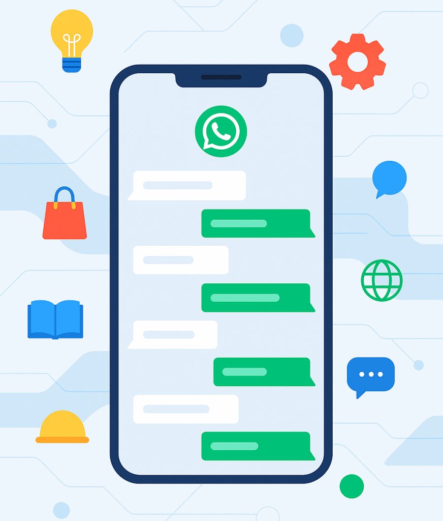 Illustratie in flat-design stijl van een smartphone met een WhatsApp-chat met grijze en groene berichtenblokken. De telefoon staat centraal op een lichtblauwgrijze achtergrond met abstracte geometrische vormen en technologische lijnen in de E-lia kleuren blauw, groen, rood en geel. Rondom zweven kleine pictogrammen zoals een lampje, tandwiel, boek, wereldbol en chatballon, die kennis en communicatie symboliseren. De stijl is strak, modern en professioneel.