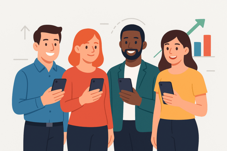 Illustratie van vier nieuwe medewerkers die samen staan in een moderne werkomgeving en hun smartphones tonen met de achterkant zichtbaar. Op de achtergrond zijn subtiele pijlen en grafieken te zien die groei en ontwikkeling symboliseren. De stijl is vlak, vriendelijk en professioneel, met gebruik van E-lia kleuren blauw, groen, rood en geel.