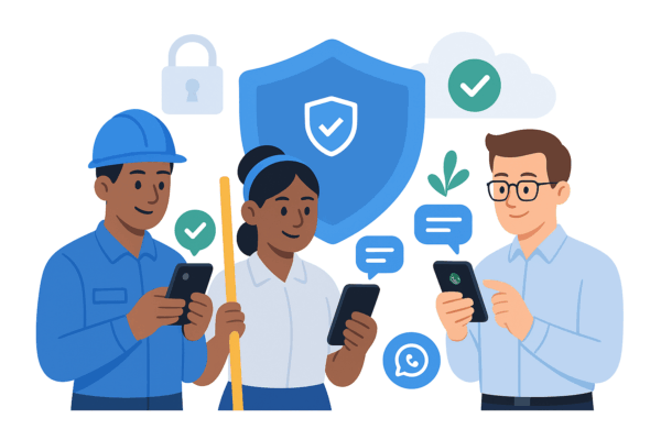 Illustration of employees learning safely via WhatsApp with E-lia, featuring chat bubbles, a shield, and security icons symbolizing GDPR protection.