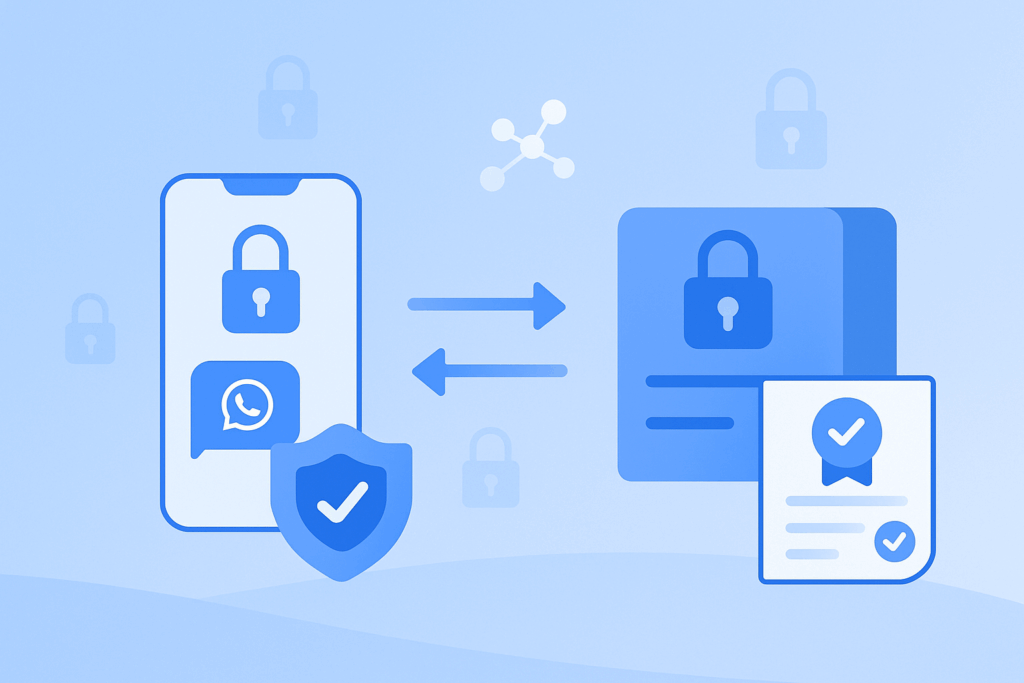 Flat-design illustratie van een beveiligde dataoverdracht tussen smartphone en server met slot- en netwerkiconen, symbool voor AVG-conforme communicatie binnen E-lia.