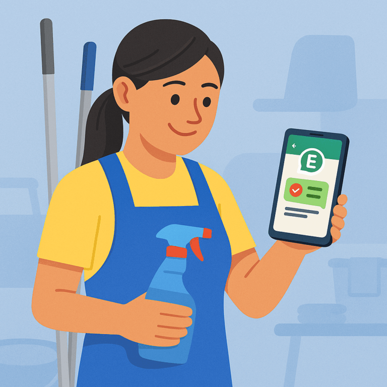 Schoonmaakmedewerker bekijkt via haar telefoon een WhatsApp-bericht van E-lia over werkinstructies en veiligheid.