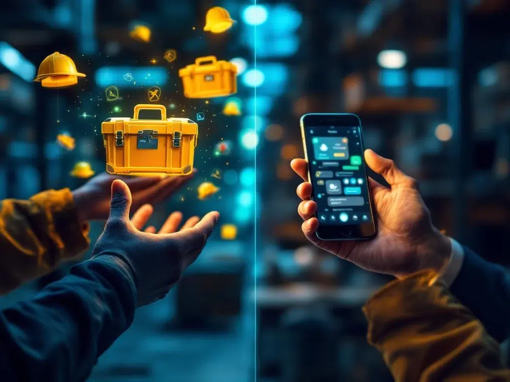 Diverse handen reiken naar digitale toolboxen en WhatsApp-interfaces, werkkleding en zakelijke kleding, digitaal leren concept