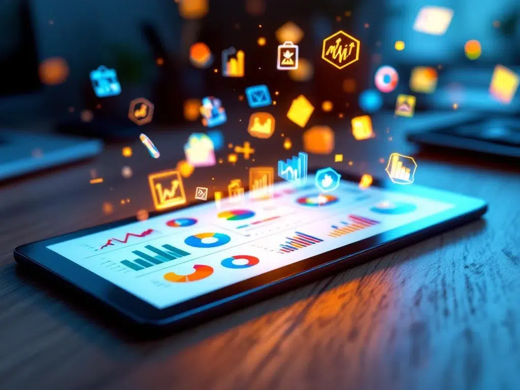 Digitale tablet met kleurrijke data-analysegrafieken en zwevende 3D-pictogrammen op houten bureau met warme verlichting