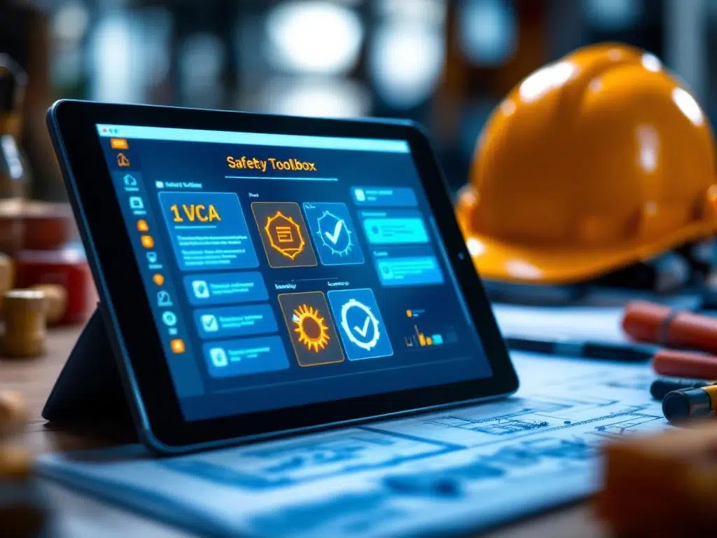Digitale tablet met bouwveiligheid-app en VCA-certificering op bouwplaats bureau naast helm en blauwdrukken