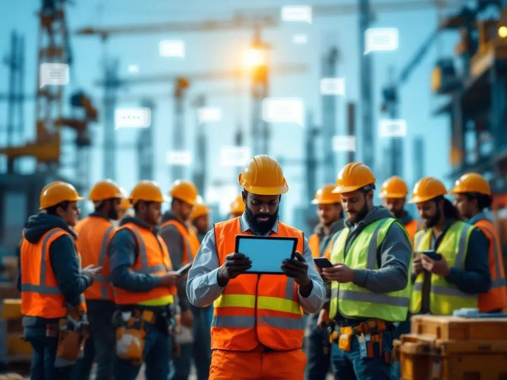 Diverse bouwvakkers in veiligheidskledij bekijken digitale tablets met veiligheidsprotocollen op moderne bouwplaats