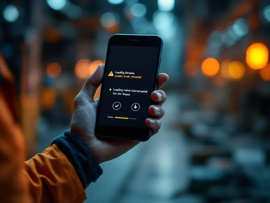 Fabrieksarbeider houdt smartphone met defecte intranet-interface, industriële machines op achtergrond wazig zichtbaar