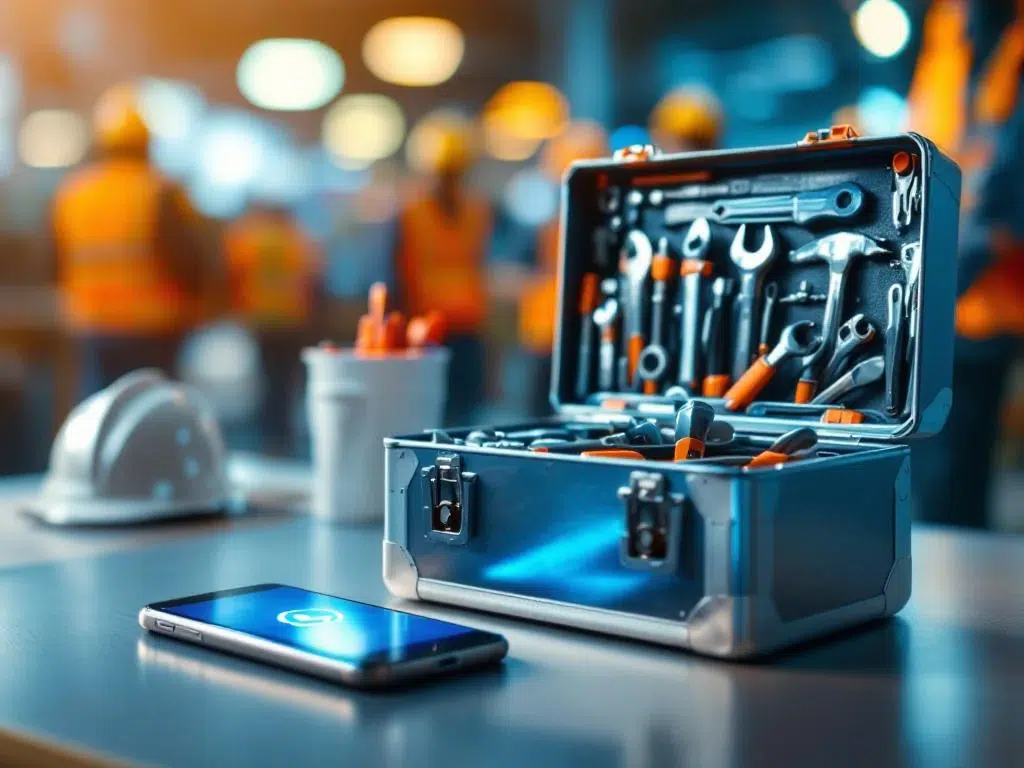 Geopende metalen gereedschapskist op bureautafel naast smartphone met WhatsApp, bouwplaats op achtergrond