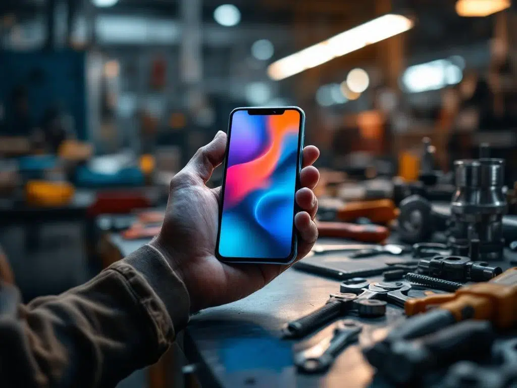 Werkershand houdt smartphone met kleurrijke app vast op werkbank met gereedschap in industriële omgeving