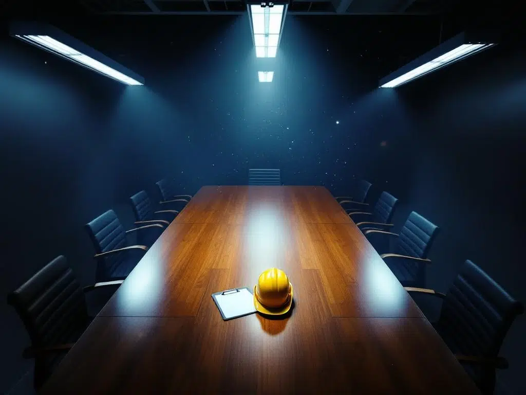 Lege vergaderzaal met houten tafel, stoelen en gele veiligheidshelm op klembord onder fluorescerende verlichting
