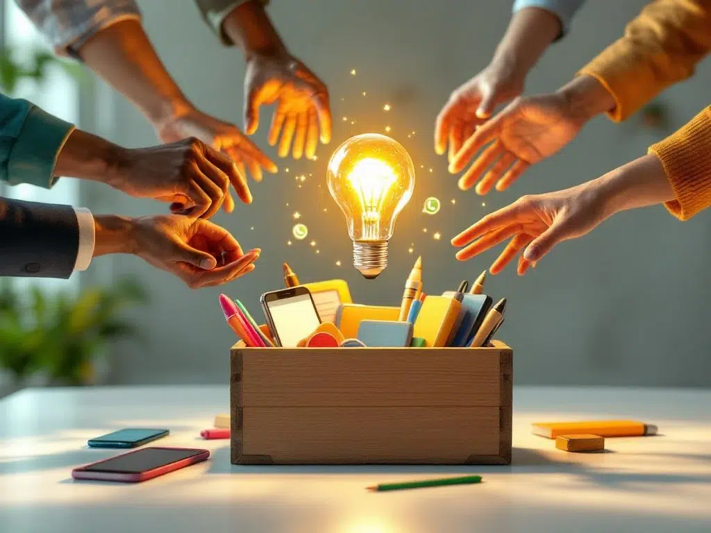 Diverse handen reiken naar gloeiende gloeilamp boven houten gereedschapskist met digitale leertools en mobiele apparaten