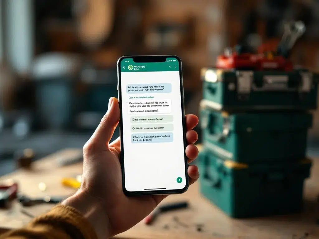 Handen houden smartphone met WhatsApp educatieve quiz op werkbank met gereedschapskisten op achtergrond