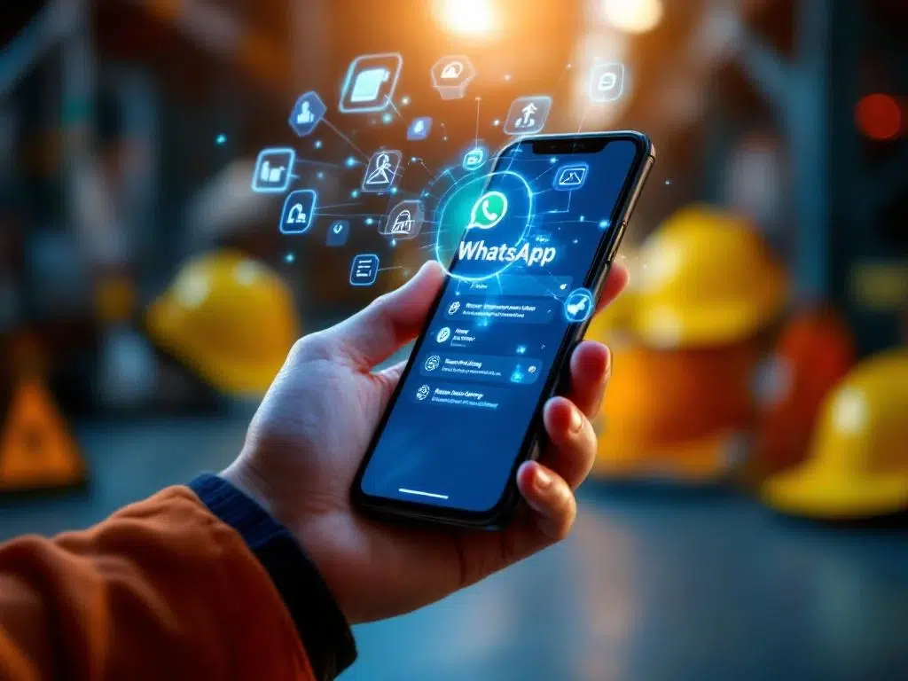 Handen houden smartphone met WhatsApp veiligheidstraining modules die als hologrammen boven scherm zweven