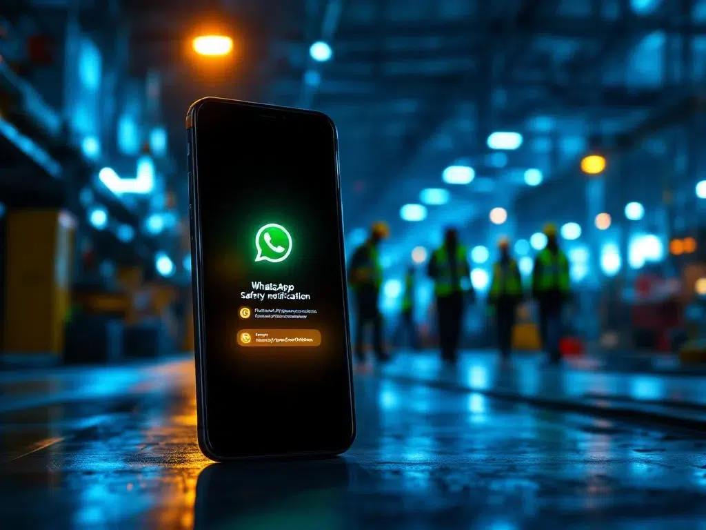Smartphone met WhatsApp veiligheidsmeldingen op moderne fabrieksvloer met nachtploegarbeiders in hesjes