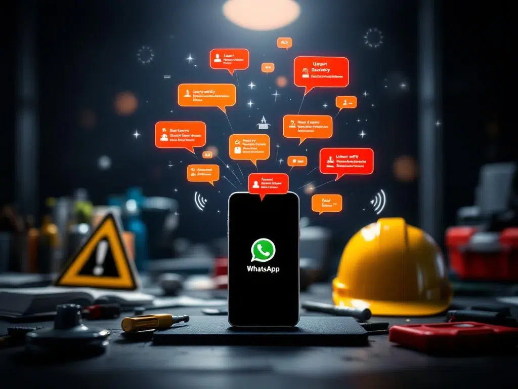 Smartphone met WhatsApp veiligheidsnotificaties op bureau met helm, waarschuwingsborden en gereedschapskist