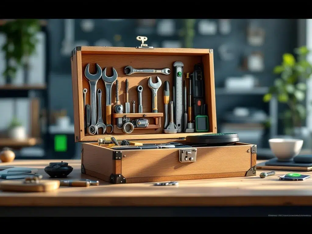 Professionele houten gereedschapskist met georganiseerde vakken vol gereedschap op moderne werkplek met warme verlichting