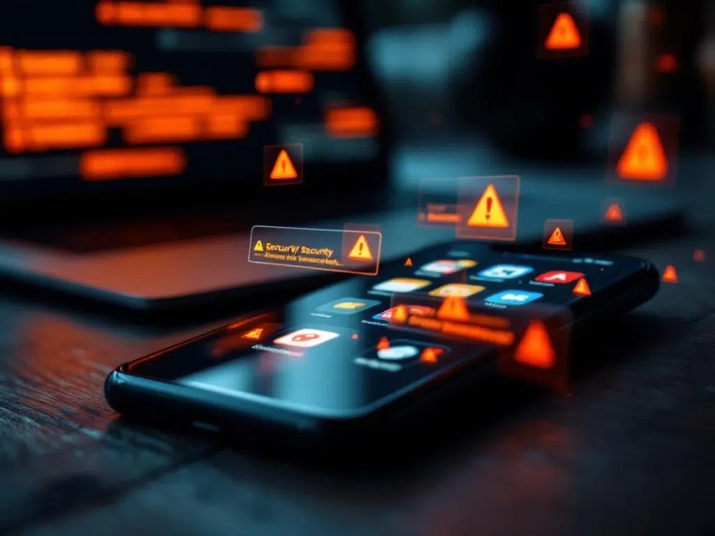 Smartphone met beveiligingsapp-iconen en rode waarschuwingssymbolen op donker houten bureau, laptop met alerts op achtergrond