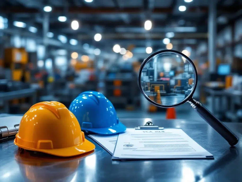 Industriële werkplek met veiligheidsuitrusting en VCA-documentatie op metalen tafel, moderne fabriek op achtergrond