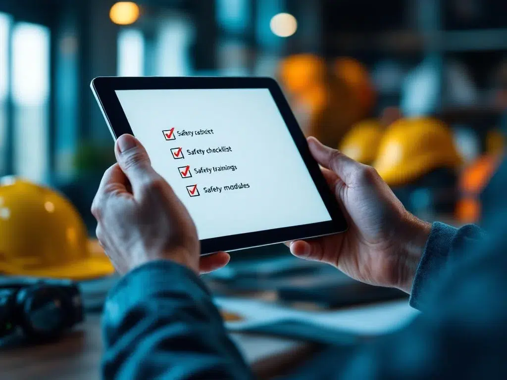 Handen die tablet vasthouden met afgevinkte veiligheidscontrolelijst op bureau met veiligheidsuitrusting op achtergrond