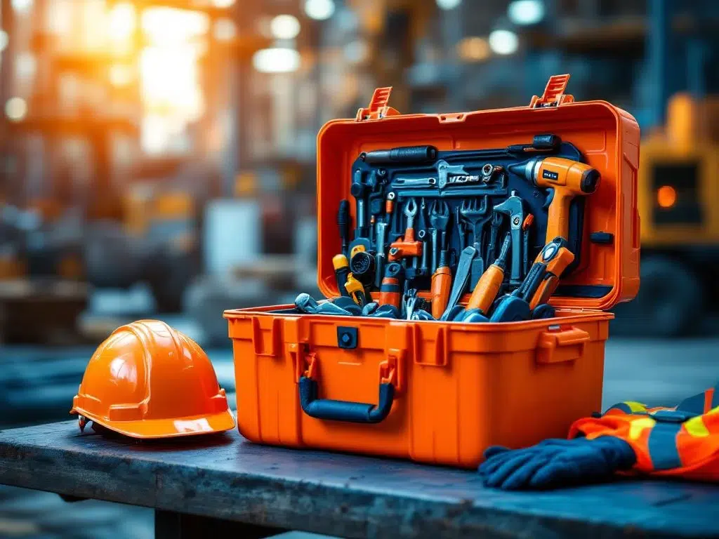 Oranje veiligheidsgereedschapskist met industriële gereedschappen op bouwplaats, VCA-helm en hesje ernaast