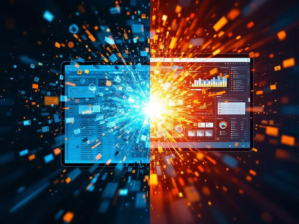 Splitscreen vergelijking van rommelige Excel-spreadsheet die oplost versus moderne digitale veiligheidsdashboards