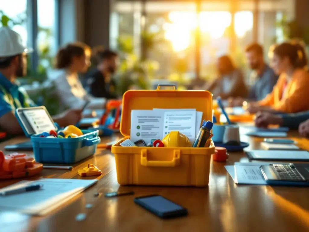Medewerkers in vergaderruimte met kleurrijke gereedschapskisten, veiligheidsuitrusting en smartphones op houten tafel