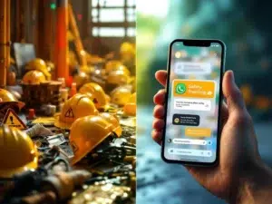 Smartphone met veiligheidsapp naast rommelige bouwplaats toont overgang van chaos naar georganiseerde digitale training