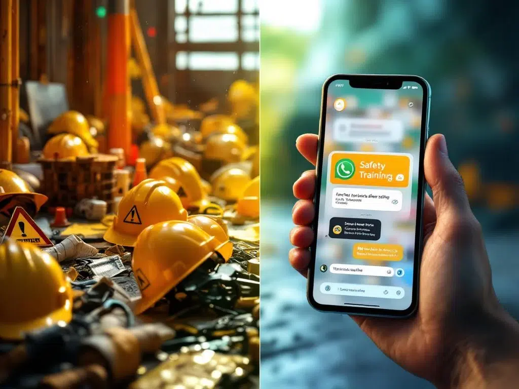 Smartphone met veiligheidsapp naast rommelige bouwplaats toont overgang van chaos naar georganiseerde digitale training