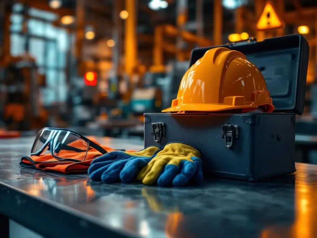Industriële veiligheidsuitrusting op werkbank: helm, bril, hesje en handschoenen rond gereedschapskist in werkplaats