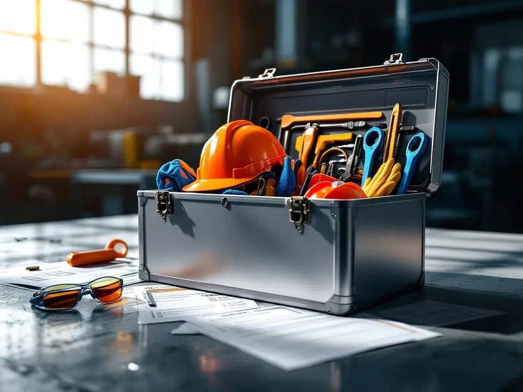 Open industriële gereedschapskist met oranje en blauwe veiligheidsuitrusting, helmen en meetgereedschap op werkplaats