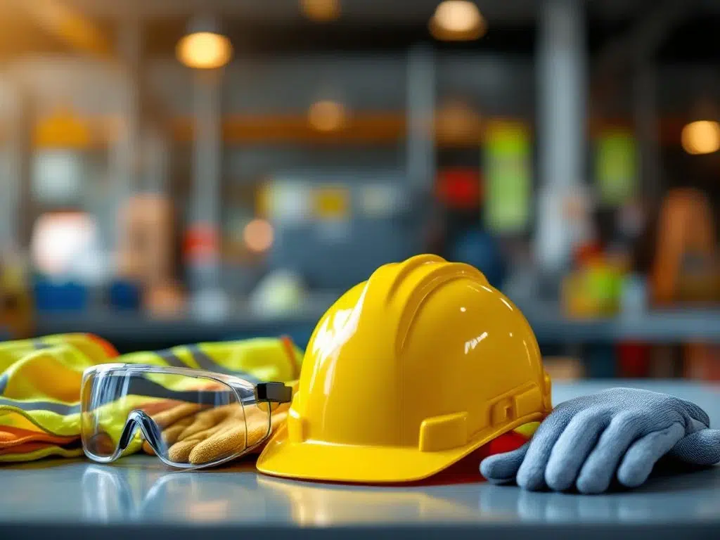 Gele veiligheidshelm met reflecterende vesten, veiligheidsbrillen en werkhandschoenen op industriële werkbank