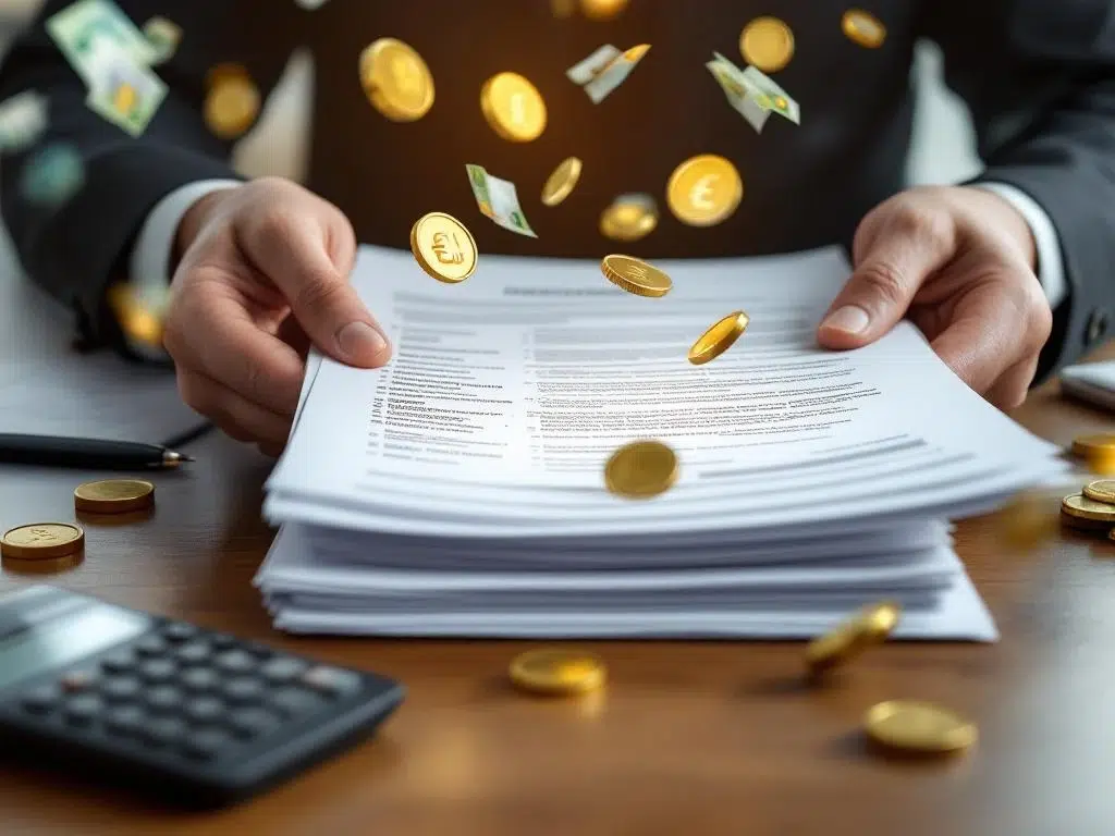 Handen houden professionele vertaaldocumenten vast met gouden munten en eurobiljetten op houten bureau