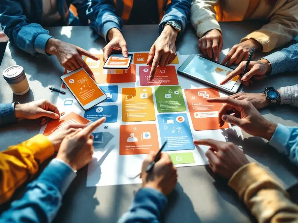 Diverse handen wijzen naar kleurrijke visuele instructiekaarten en digitale workflows op moderne werkplek voor visueel leren.