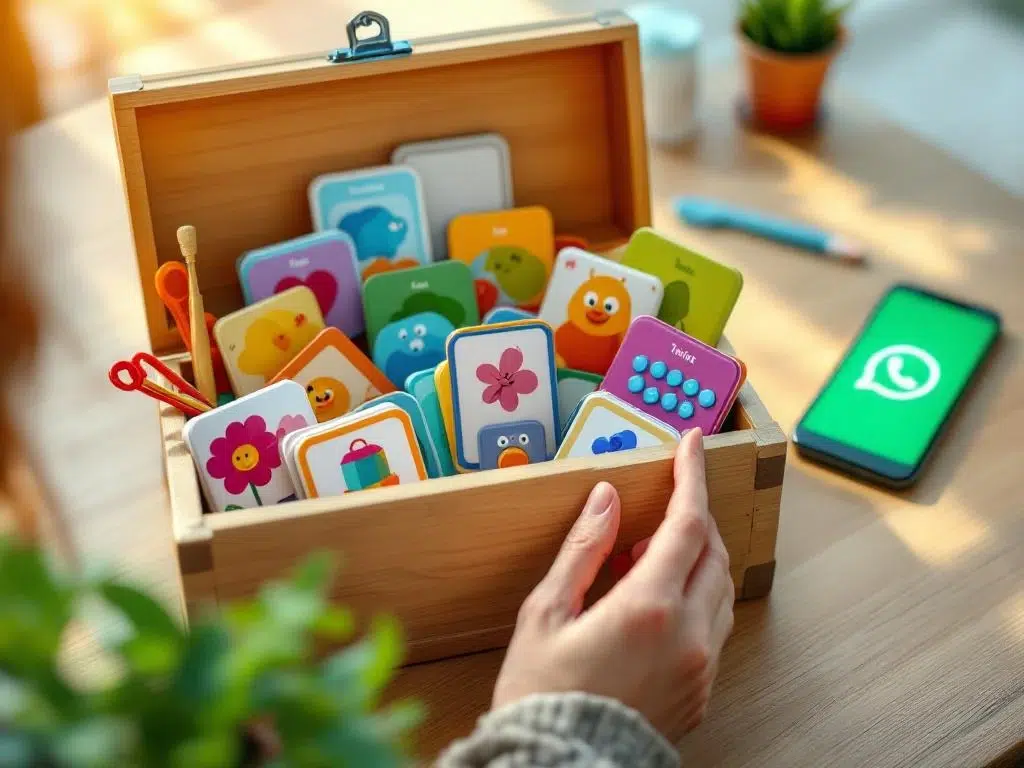 Handen houden houten gereedschapskist vol kleurrijke leermaterialen, kaarten en tablets op bureau met WhatsApp op achtergrond