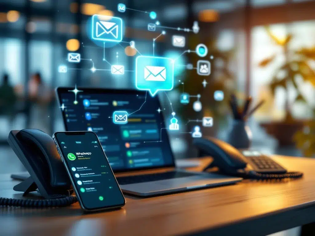 Moderne kantoorwerkplek met smartphone, laptop en telefoon verbonden door digitale communicatiesignalen op bureau