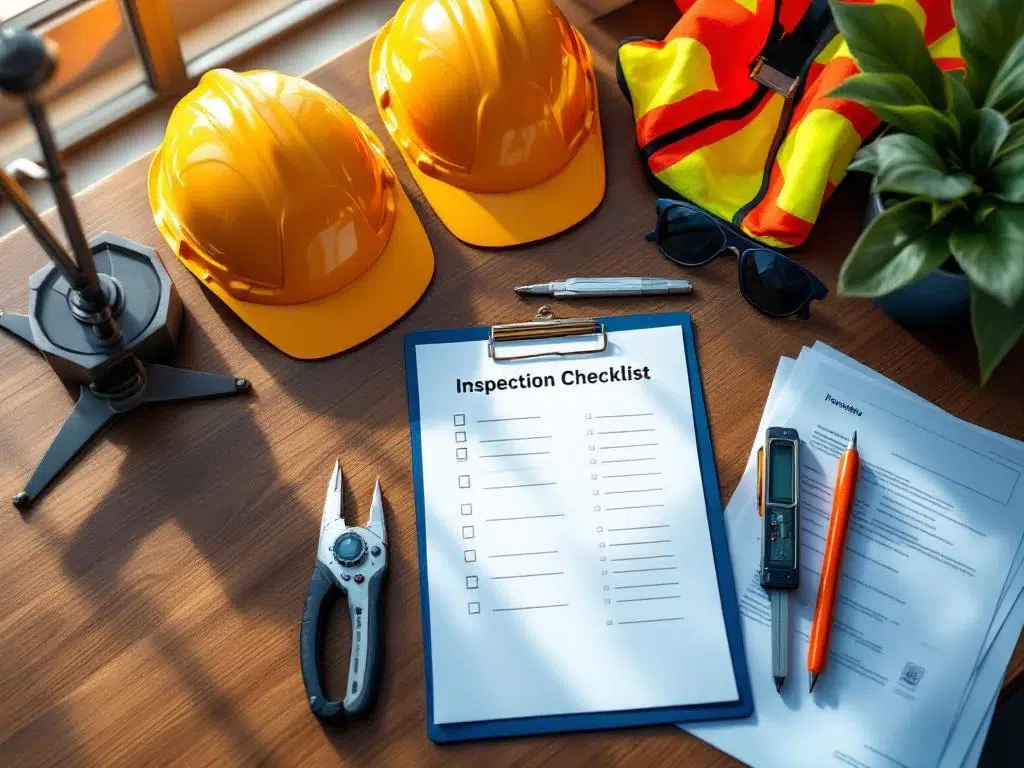 Werkplek met veiligheidsinspectie checklist, helmen, hesjes en meetinstrumenten op houten bureau