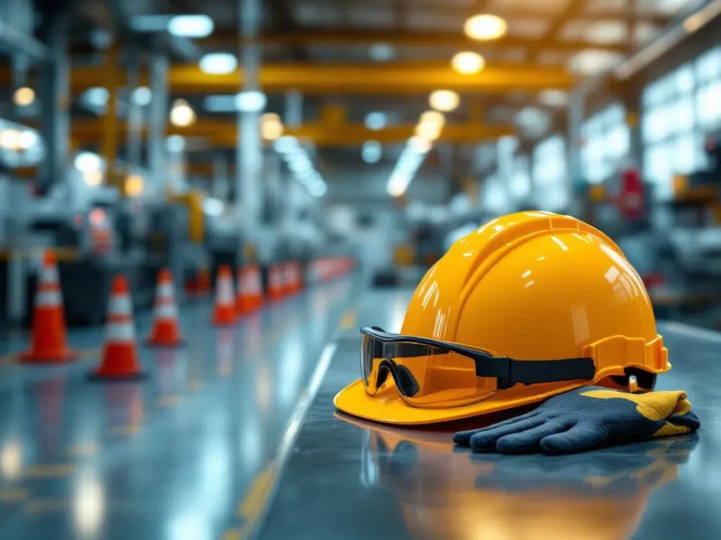 Gele veiligheidshelm met veiligheidsbril en handschoenen op werkbank in moderne industriële fabriek met veiligheidsborden