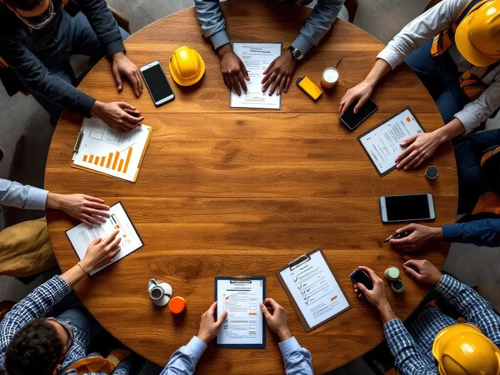 Diverse handen rond vergadertafel met veiligheidsuitrusting, helmen en checklists voor werkplekveiligheid overleg