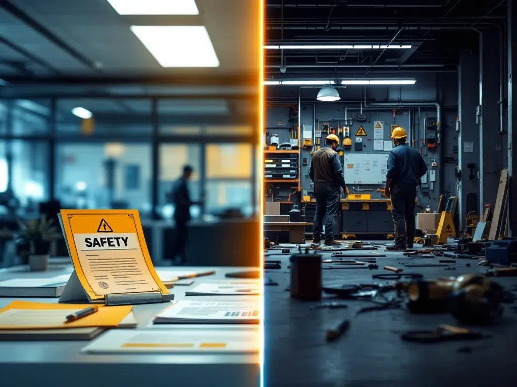 Kantooromgeving met veiligheidshandleidingen tegenover rommelige industriële werkplek met gereedschap en veiligheidshazards