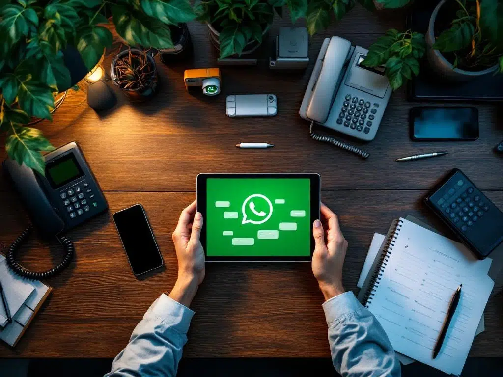Tablet met WhatsApp chatinterface op modern bureau omringd door telefoons en communicatieapparatuur