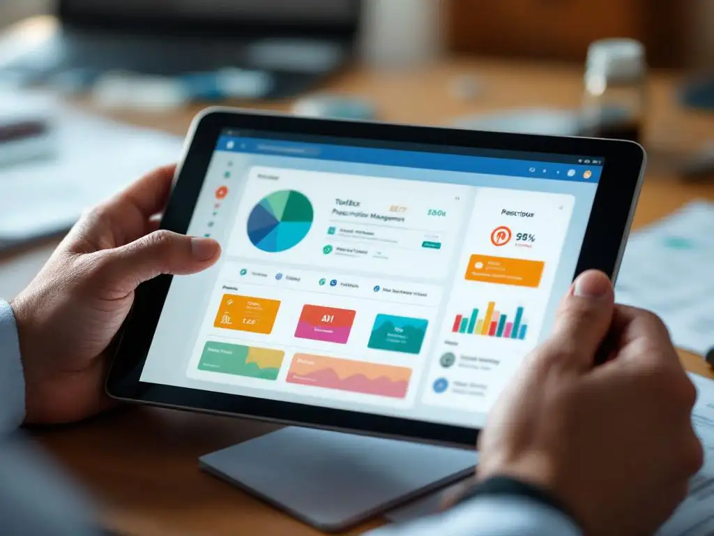Professionele handen organiseren digitale PBM-tools op tablet, medicijnbeheersoftware widgets op bureau