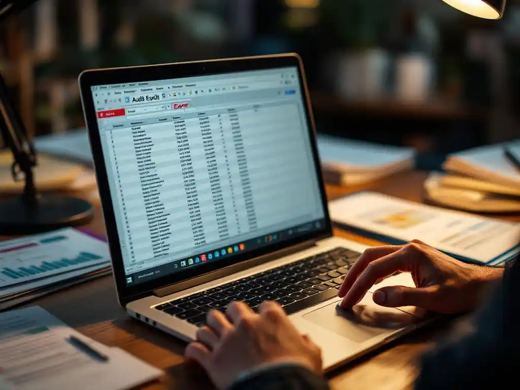 Professional hand clicking export button on laptop displaying audit data spreadsheet in organized office workspace