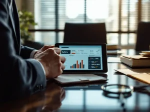 Professional auditor in business suit reviewing digital safety records on tablet at conference table with paper documents