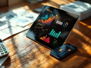 Digital tablet displaying colorful analytics charts on wooden desk surrounded by paper documents, calculator, and smartphone with dollar signs