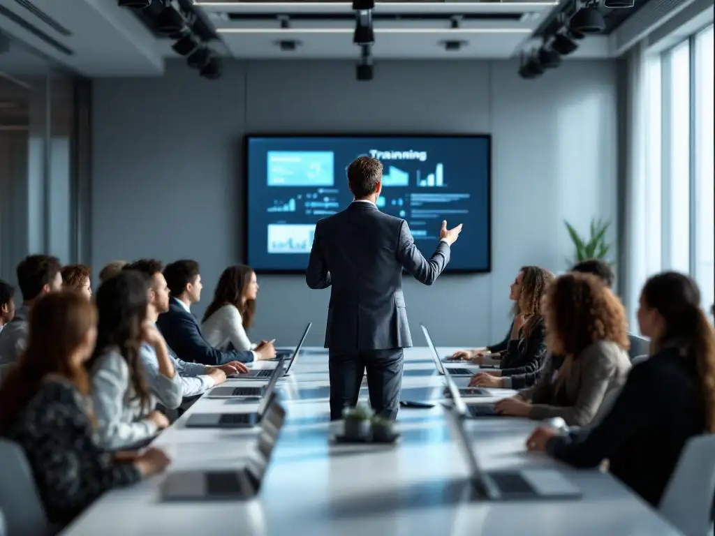 Business executive presenting training to diverse employees in modern corporate conference room with digital display